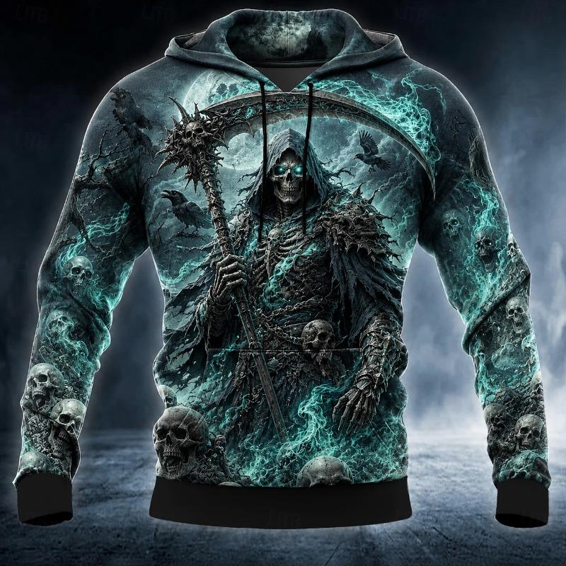 Men's Halloween Grim Reaper 3D Printed Hoodie Skull Raven Gothic Graphic Sweatshirt Long Sleeve Streetwear Outdoor Street Hoodie