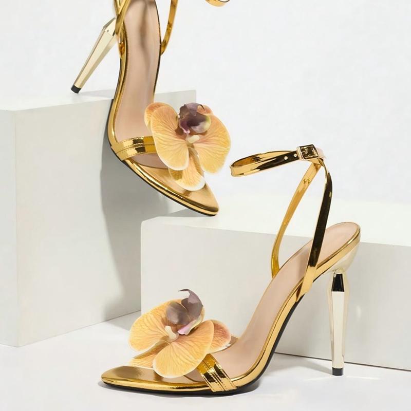 Strange Style Metal High Heels Ladies Orchid Flowers Narrow Open Toe Ankle Strap Sandals Women Party Dress Shoes