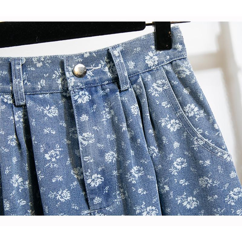 DIMANAF 2025 Übergröße Herbst Winter Damen Lange Röcke Elastischer Bund Unterteile Übergröße Druck Floral Blau Denim