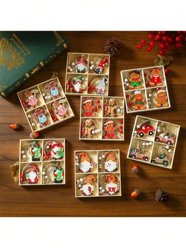 12pcs/set Faceless Old Man Christmas Wooden Pendant Box Set Christmas Tree Small Pendant Christmas