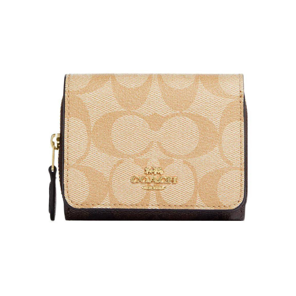 

Новый кошелек-трифолд COACH из канвы с покрытием и деталями из гладкой кожи, кошелек-картхолдер, маленький размер, женский, светло-хаки и коричневый 78081-IMUOH 10.2*3.8*8.4CM