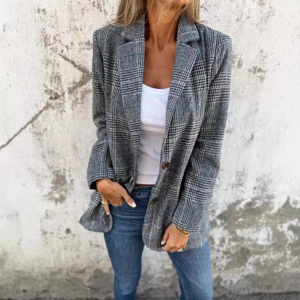 2024 Women's Retro Houndstooth Lapel Cardigan Jacket - Casual European & American Autumn/Winter Fashion