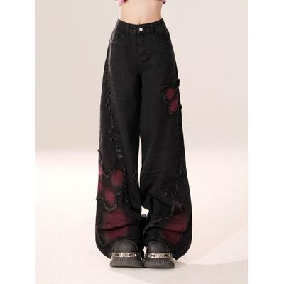 Damen Schwarze Gothic Baggy Jeans Schmetterling Denim Hose Koreanische Jean Hose Vintage Trashy Kleidung