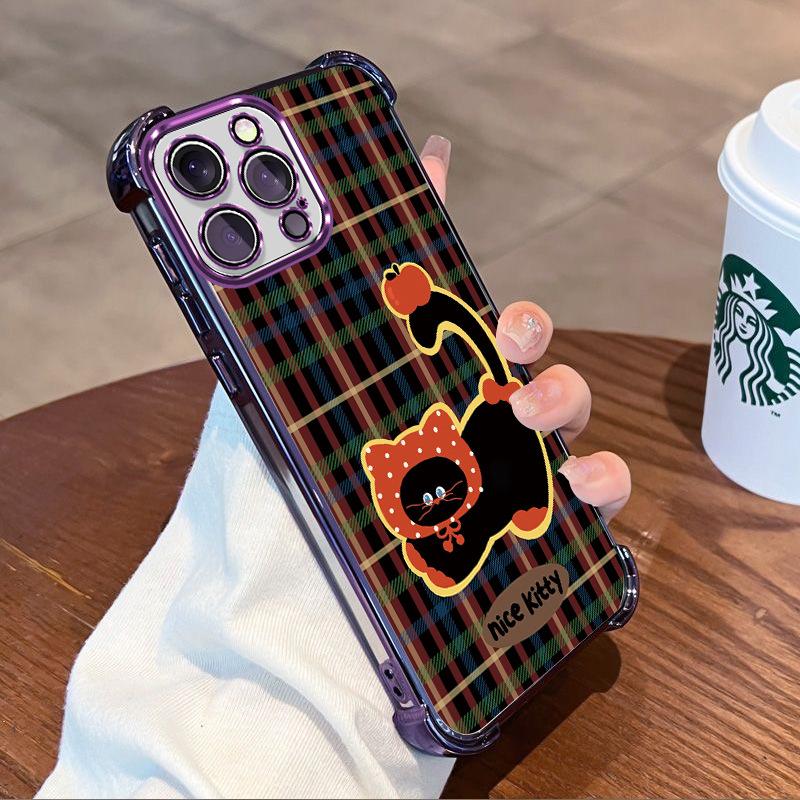 Retro Plaid Spotted Hat Cat for Apple 13promax Phone Case Airbag Anti-drop Iphone17 Cute 16
