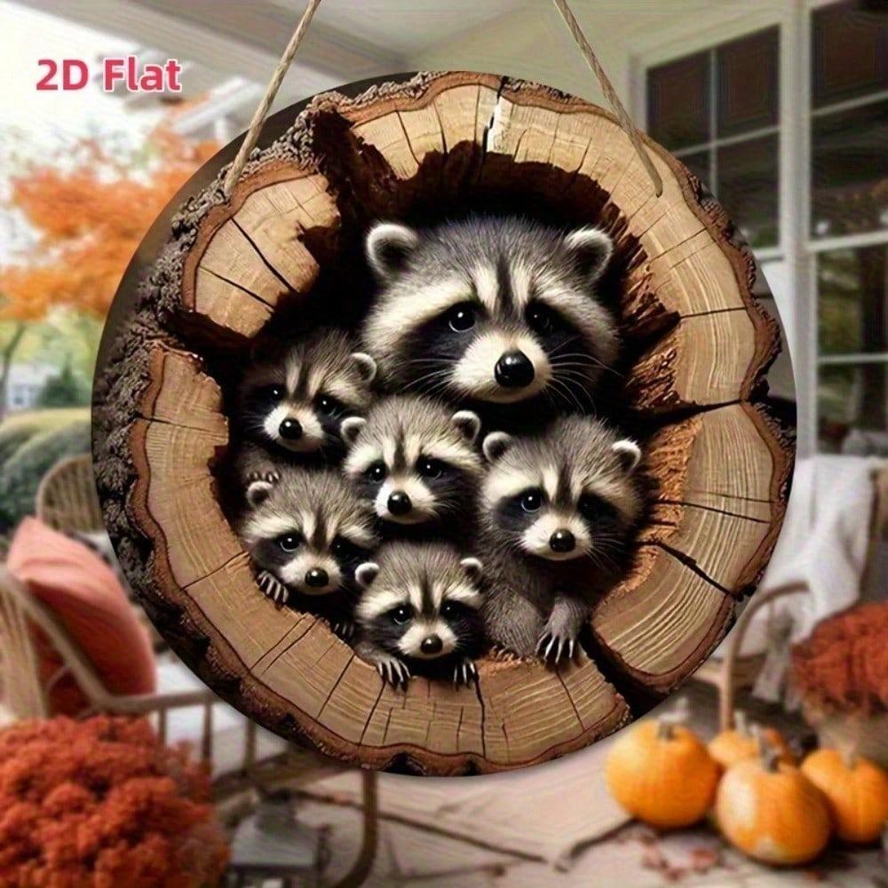 Metal Wall Art Raccoon Family Flat Design, Holes and Rope Included, Home Decor