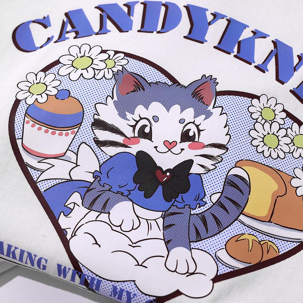 Lazy Style Pure Cotton Cute Kitten Short Sleeve Casual T-Shirt for Summer