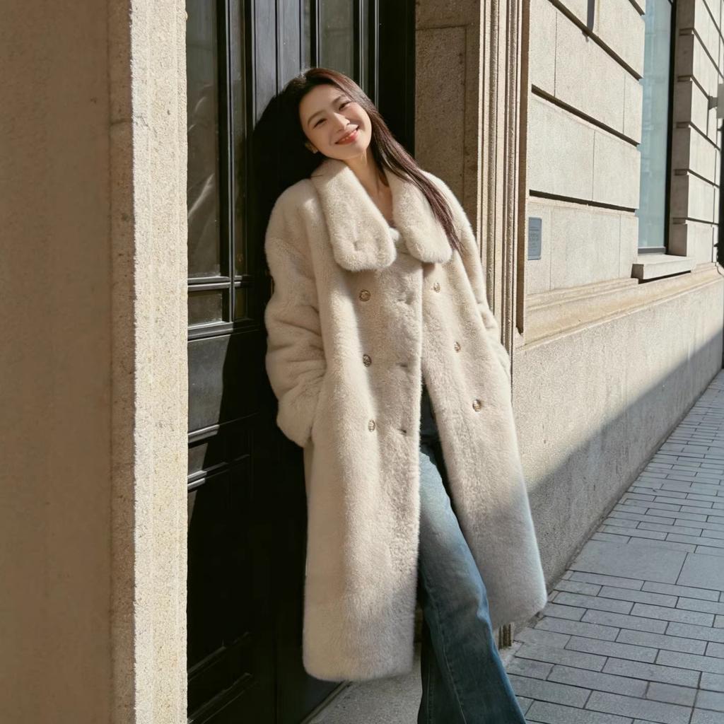 [Severe Winter Heater] Double-breasted British style stand-up collar imitation mink velvet fur integrated fur jacket women's autumn and winter new