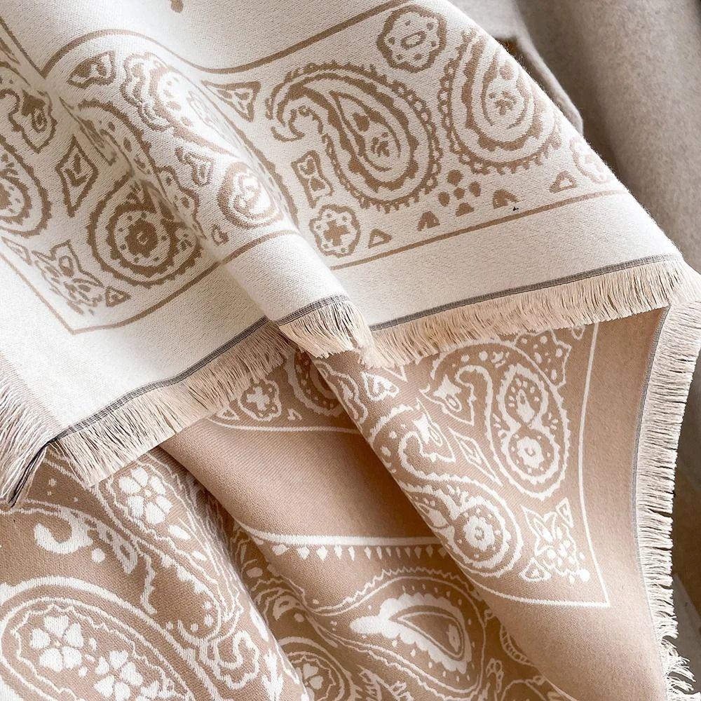 Retro Imitation Cashmere Winter Scarf Warmth Square Printed Shawl and Wrap Soft Double-sided Tassel Poncho