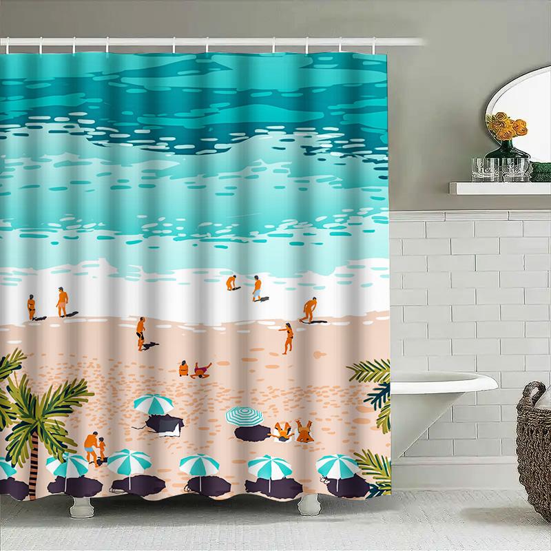 Beach Life Shower Curtain With Umbrellas, Beachgoers Palm Trees Blue Oceans Orange Sand Waterproof Fabric For Bathroom Decoratio