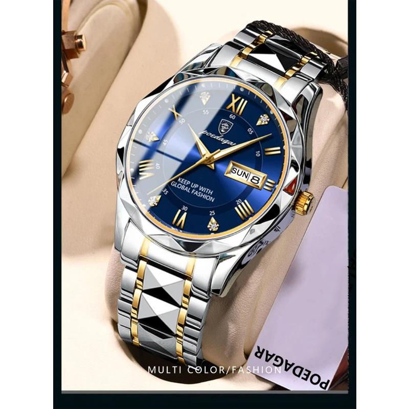 POEDAGAR Top Luxusmarke Herrenuhren Wasserdicht Leuchtend Kalender Wochentag Uhr für Mann Edelstahl Lässige Quarz Uhr