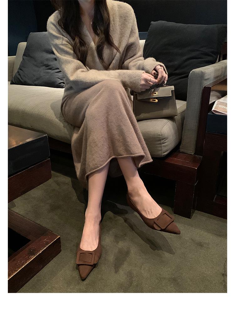 Sheepskin~ French square buckle leather shoes, soft-soled Mary Jane shoes, women's shallow mouth single shoes, beautiful flat-bottomed pointed-toe