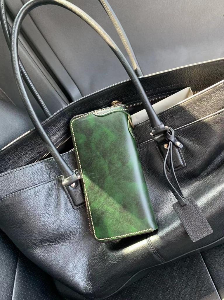 Ima Squillo Italian Leather Long Wallet with Chain Popular Round Green Wallet, Men's Ring, Women's Zipper, (Green)