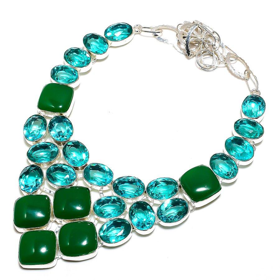 

Green Jade, Blue Topaz Gemstone 925 Sterling Silver Jewelry Necklace 18 SU-9760