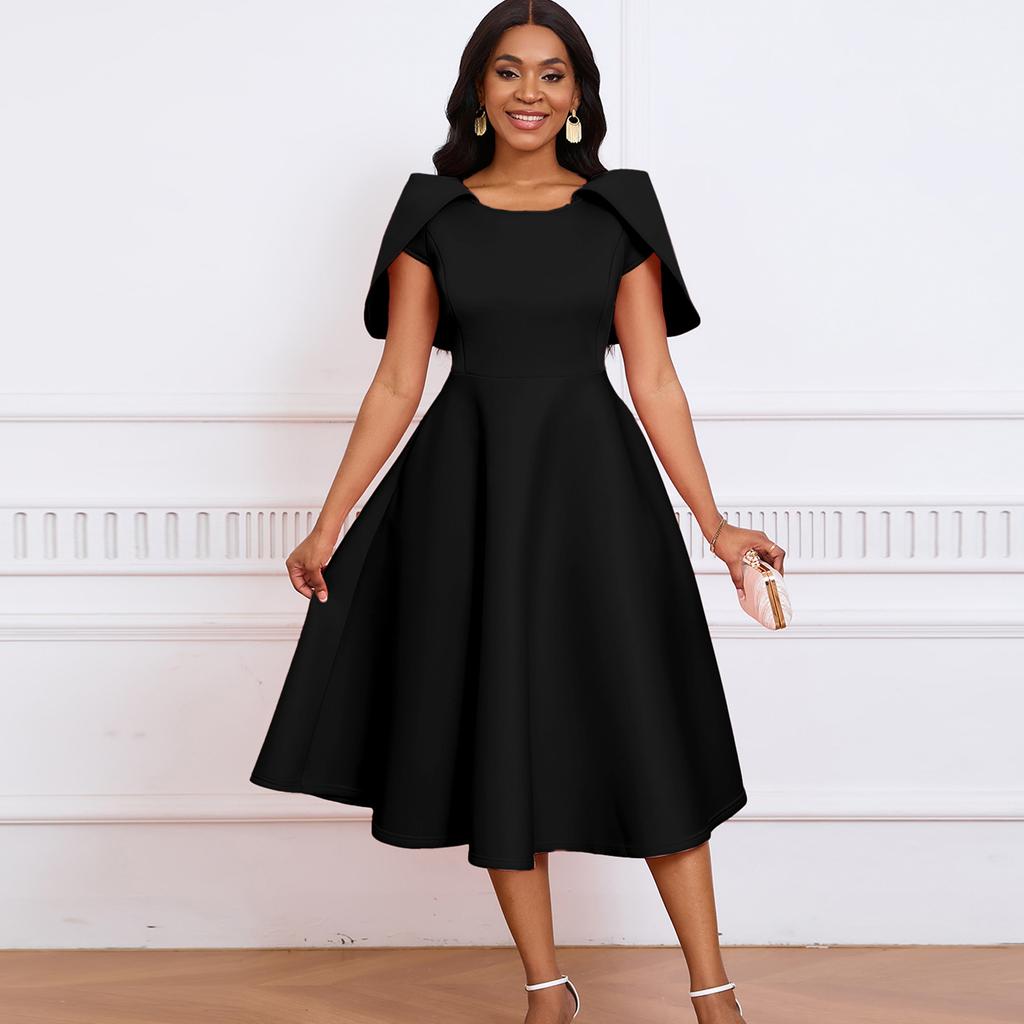 YYFS Women's Fashion Summer Spring Solid Color Print Short Sleeve O-Neck High Waist Casual Dresses