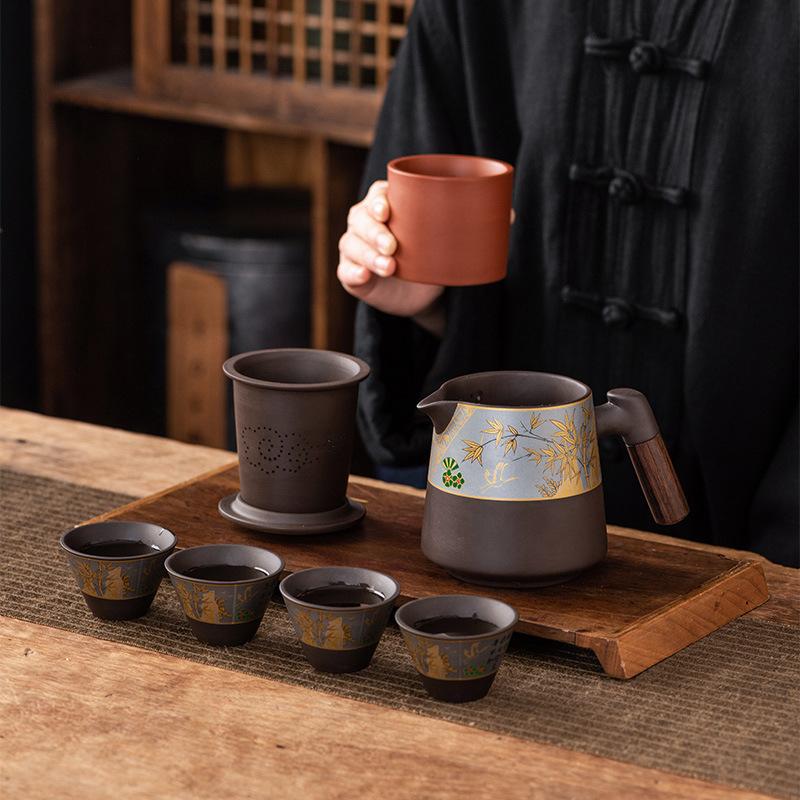 Purple sand travel tea set Kuaike teacup, one pot and four cups, outdoor portable, high-end retro light luxury business gifts