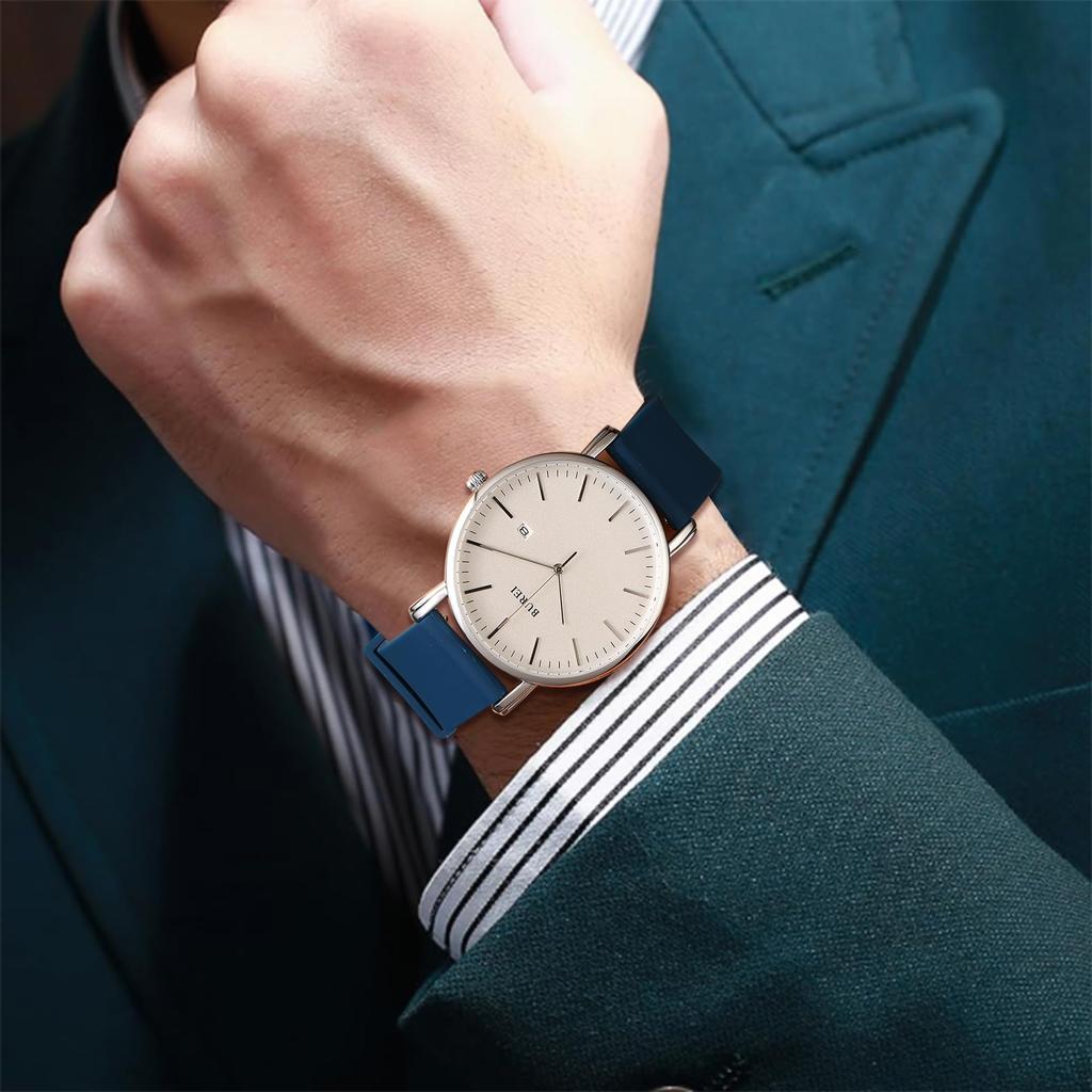 BUREI Prosty Kwarcowy Z Datą Popularny Czarny Pasek Silikonowy Zegarek Męski, Analogowy, Wodoodporny, Mechanizm, Wyświetlacz, Ultracienki, Lekki, Stylowy,