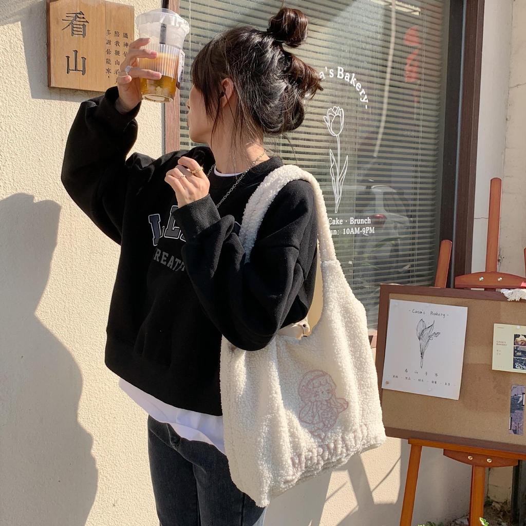 Autumn Winter Cute Girl Plush Vest Bag Sweet Student Embroidery One Shoulder Tote Bag