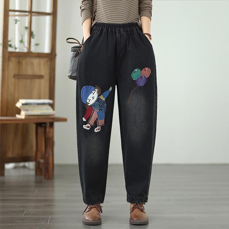 Plus Size Vintage Embroidery High Waist Casual Loose Women Spring Summer Autumn Jeans Denim Harem Pants
