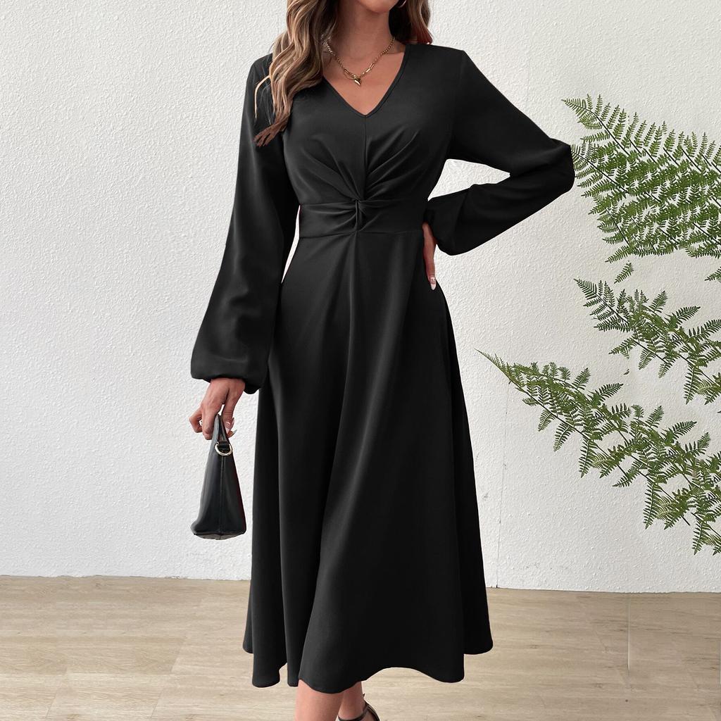 Women's Fashion Casual Solid Color V-neck Twisted Long-sleeve Dress