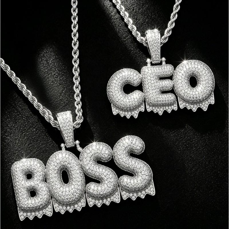 Hip Hop Mens Bubble Font Letter Pendant Necklace With Full CZ Rhinestones Gold Copper Chain
