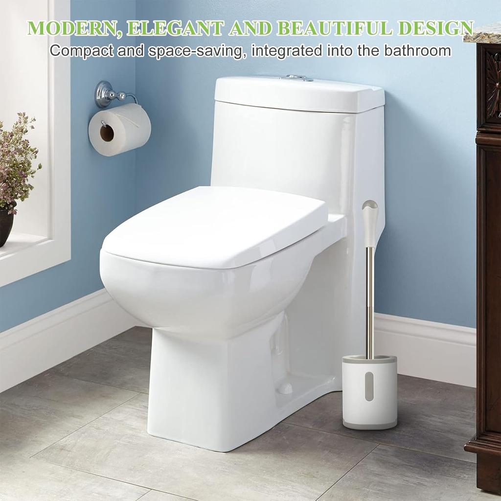 Compact Toilet Brush Holder Stainless Steel Handle Space Saving For Storage Deep Cleaning Drip-Proof Easy To Assemble Nylon Bristles White Grey