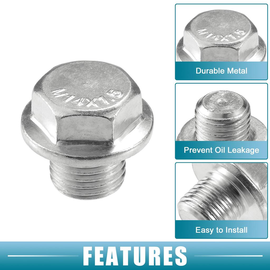 A ABSOPRO Universal Car Drain Plug with Gasket Durable M14x1.5 Metal Silver Tone (Set of 5)