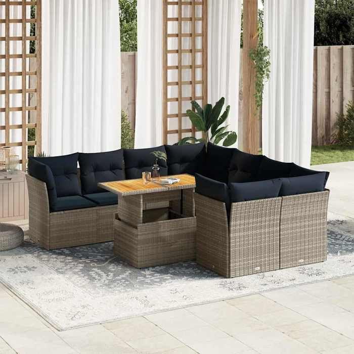 VidaXL Salon de jardin 9 pcs avec coussins gris résine tressée, ensemble de canapés d'extérieur, ensemble de canapé d'angle 3326910