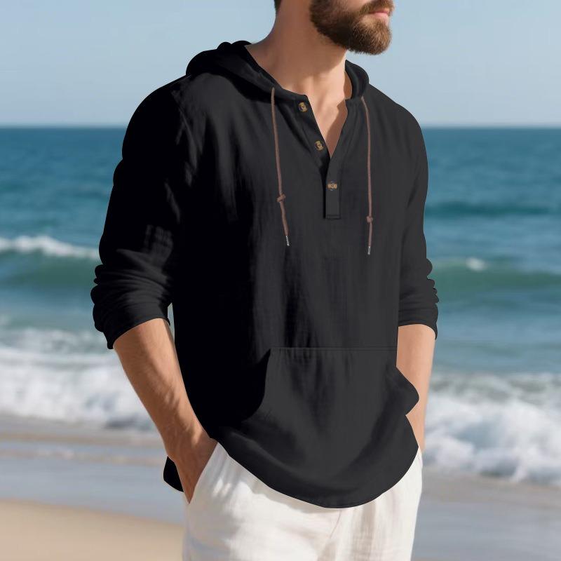 Men's Loose Hooded Henley Long Sleeve Casual Shirt.