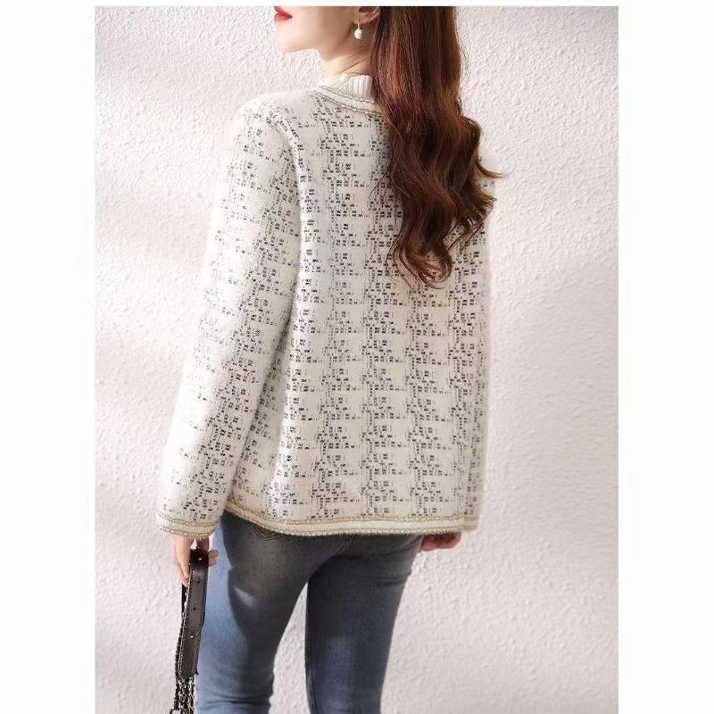 Mink fleece sweater jacket women's autumn and winter new outer wear crew neck top knitted cardigan short sleeve