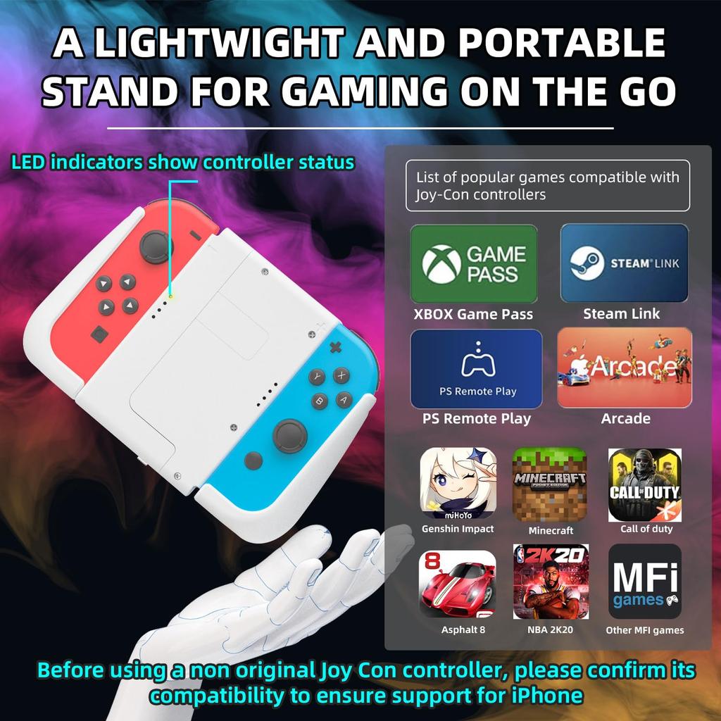 IFYOO SGSX1 Ergonomic Grip and Stand Combo Set for Switch iPhone Grip Case Holder Bracket White Joy-Con Controllers, 7-15, Joy-Con -