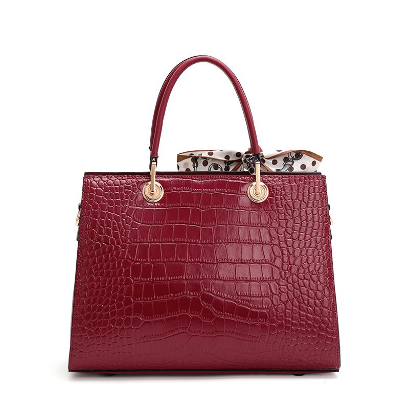 Genuine cowhide leather women's handbag with silk scarf, Chinese style crocodile pattern tote shoulder bag