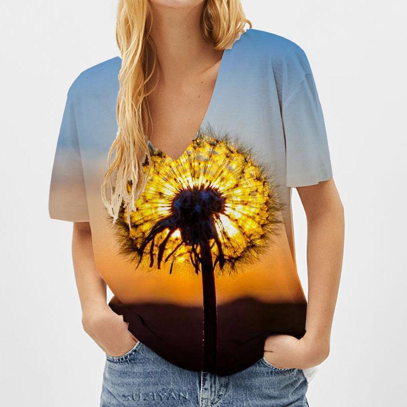 

Модные весенние блузки с принтом одуванчиков, футболки с коротким рукавом и V-образным вырезом, повседневные M жёлтый