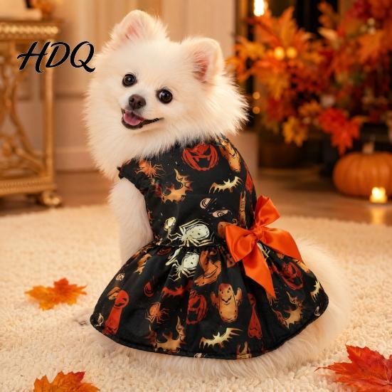 Pet Princess Skirt Funny Halloween Dog Dress Pumpkin Bat Spider Ghost Print Festive Costume for Photos Apparel Puppy with Bow Small Dogs Cats Soft