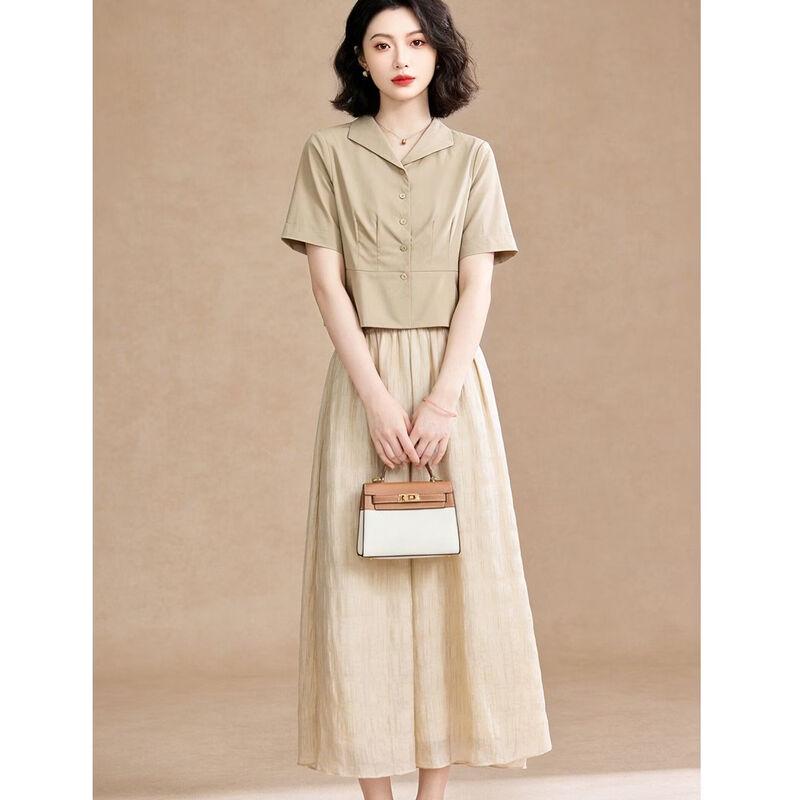 Women's Solid Lapel Short-Sleeve Shirt & High-Waist Wide-Leg Pants 2-Piece Set