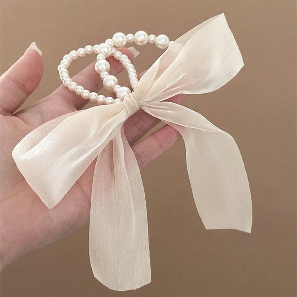 2PCS Super Fairy, Bow, Ribbon, Headband, Fashion, Pearl, Ponytail, Hair Rope, High Elasticity, Durable, Marble Head, Temperament