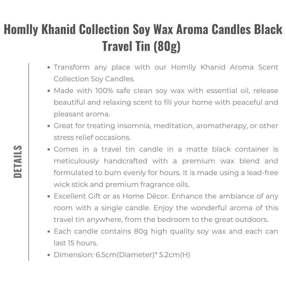 Homlly Khanid Collection Soy Wax Aroma Candles Black Travel Tin (80g) (X2PCS)