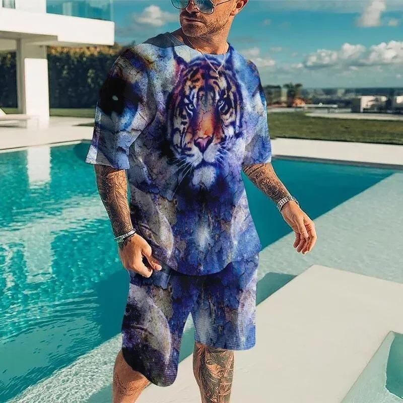 Men Cool Lion Tiger T-shirt Set 3D Animal  Print Casual Style T-shirt Shorts Set Summer New Fashion Street Clothing High-quality