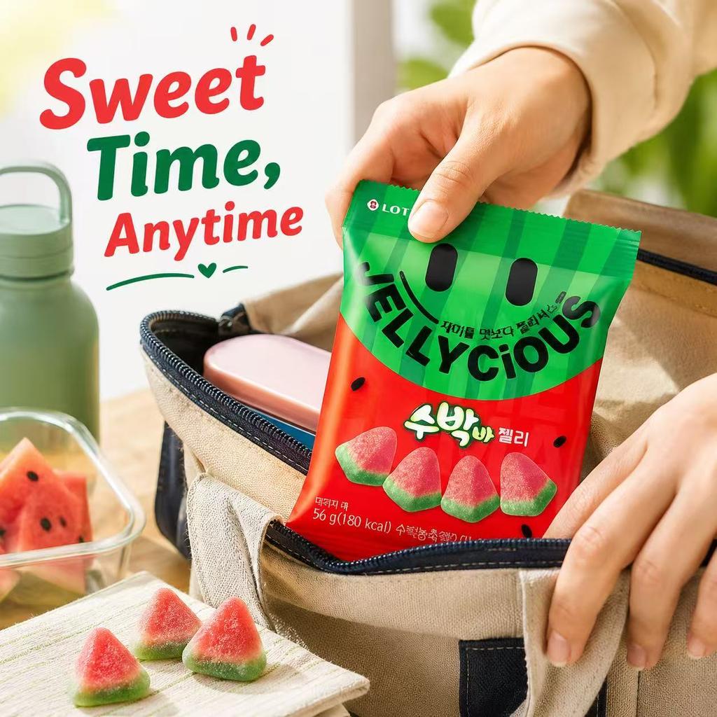 Lotte Wassermelonen-Weichbonbons 56g | Süßer saftiger Geschmack, Elastische kaubare Textur, Praktische kleine Packung