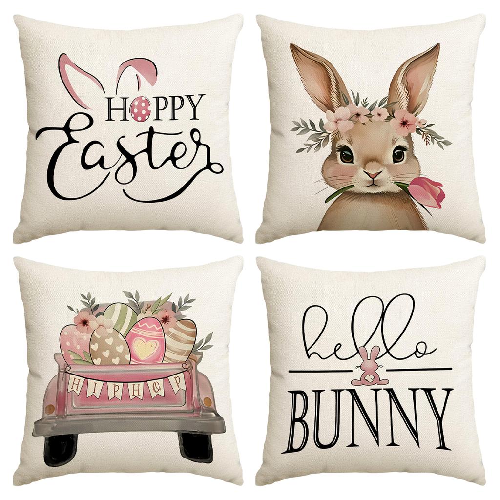4Pcs Happy Easter Pillowcase, Watercolor Rabbit Easter Egg Dwarf Printed Pillowcase, Easter Party Decoration Sofa Cushion Cover