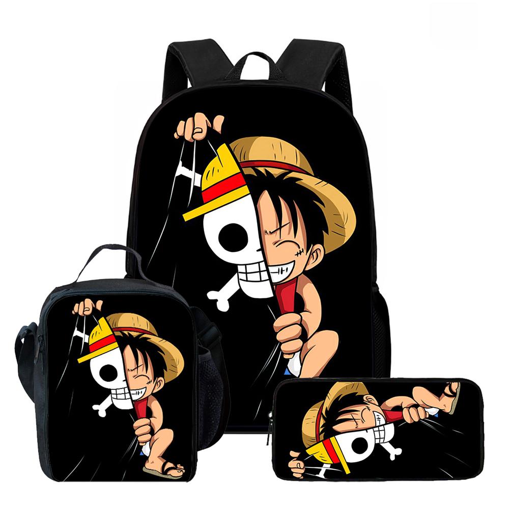 One Piece 15 Inch 3 Pcs Cartoon School Backpack Set Lightweight Bag With Lunch Bag Pencil Case For Boys Girls Grade 1-3 Mochila
