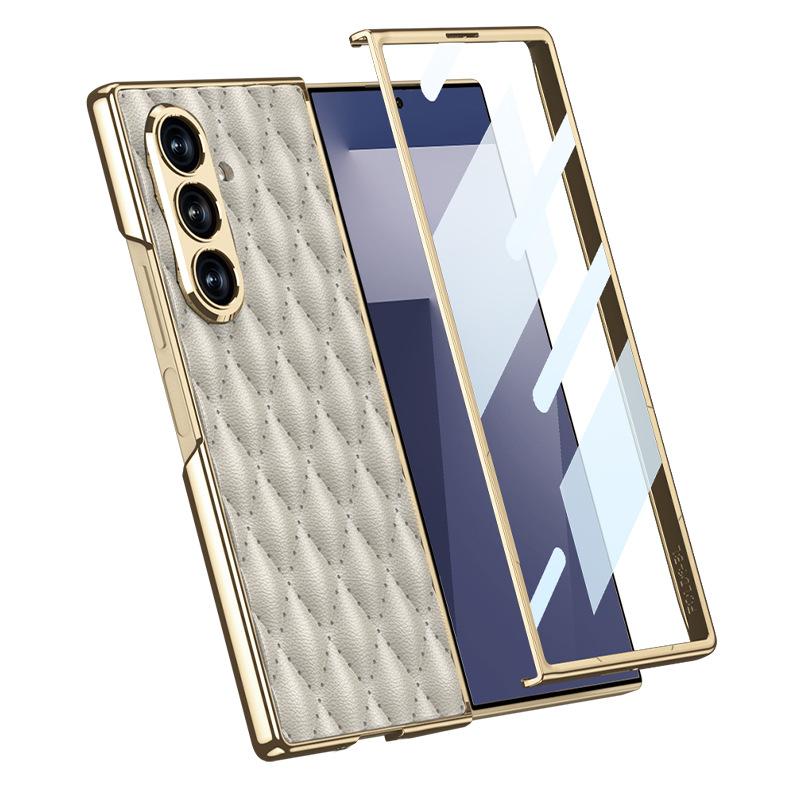 Samsung Zfold7 Mobile Phone Case Electroplated Plain Leather Shell Film Integrated Lambskin Diamond Pattern Protective Cover