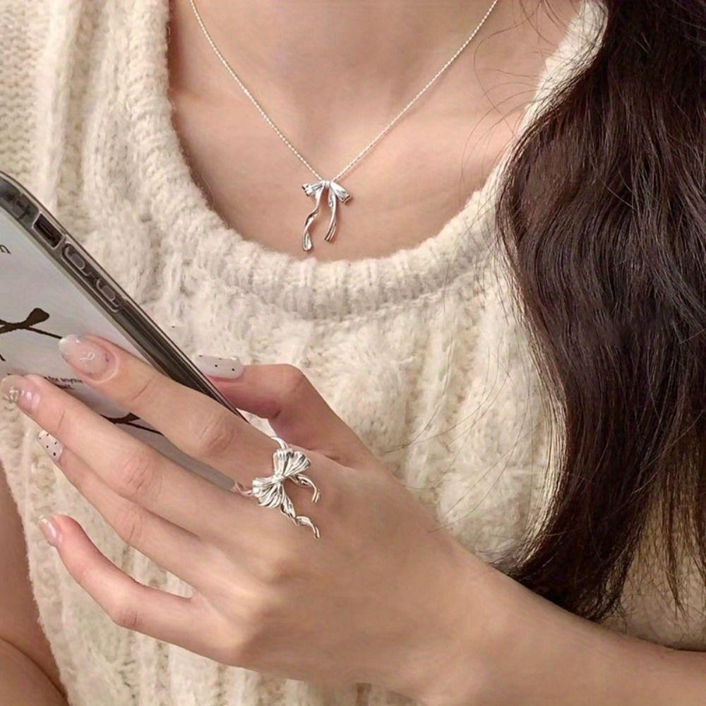 Geometric Design Tassel Bowknot Rings Finger Adjustable Sterling Silver Rings  Party Jewelry