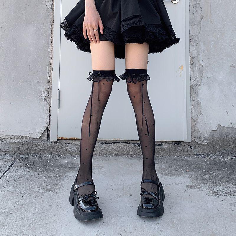 

Women s Summer Lace Trim Over-the-Knee Black Stockings - Sexy Slim JK Calf Socks