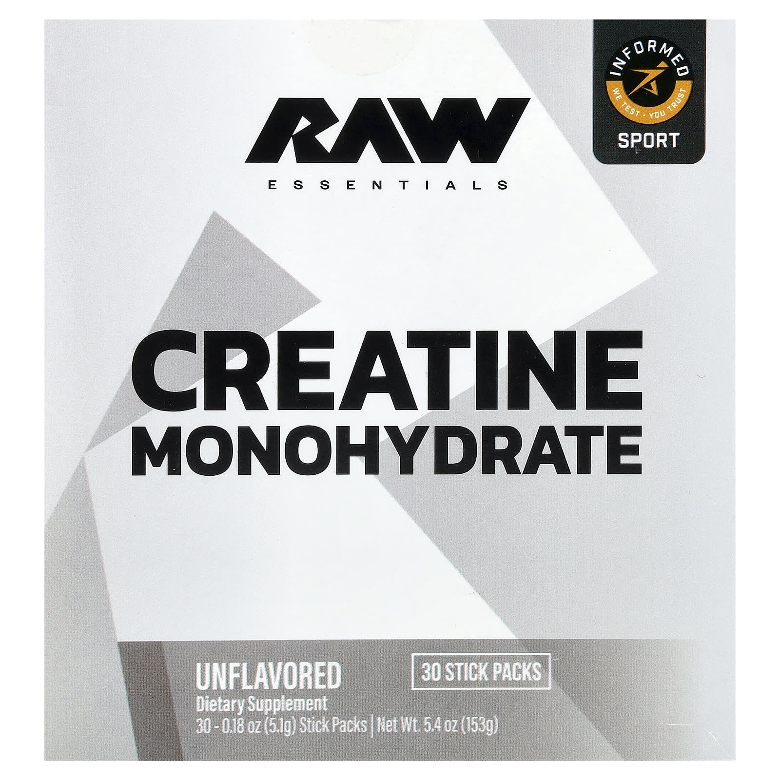 

Raw Nutrition, Essentials, Creatine Monohydrate, Unflavored, 30 Stick Packs, 5.1g (0.18oz) Each