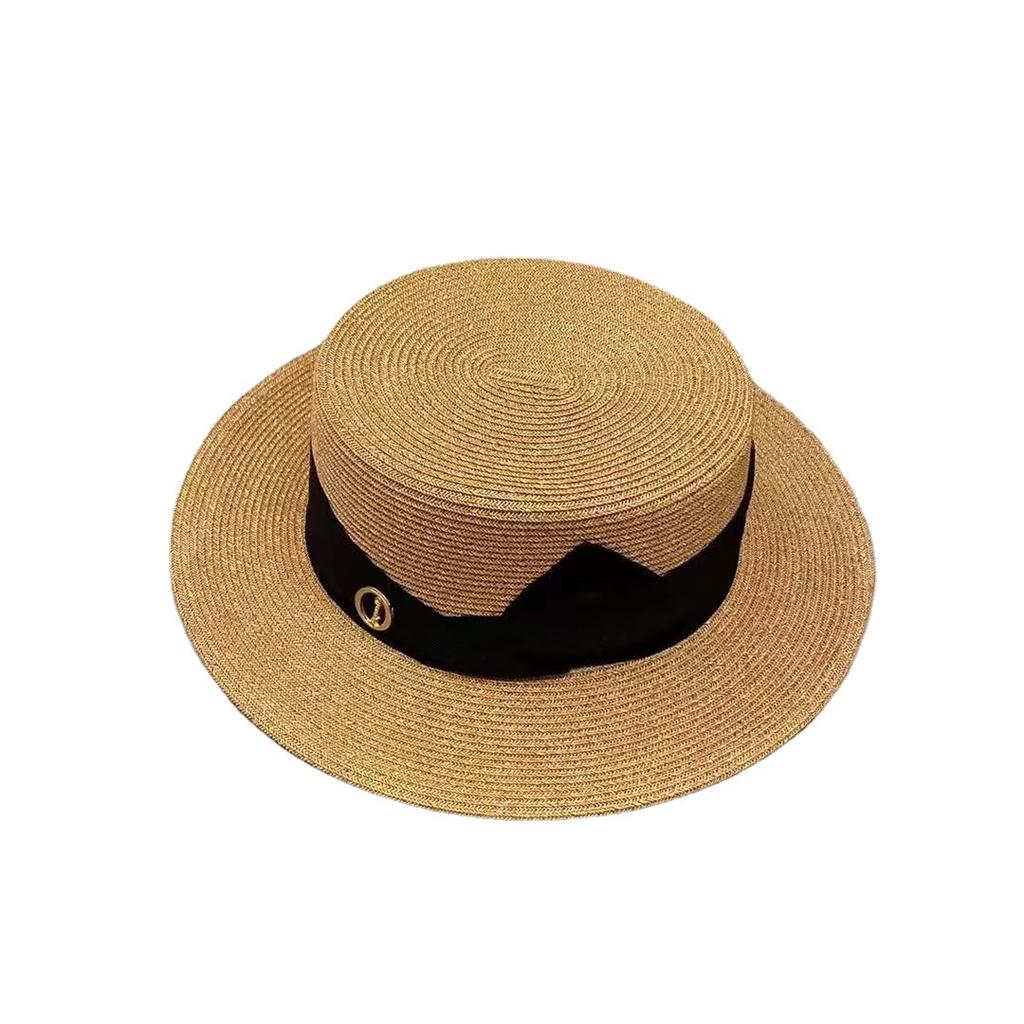 Simple temperament bow flat top hat women's elegant sun hat travel versatile British top hat straw hat