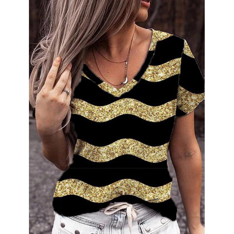 Women's Summer New V-neck Geometric 3d Printed Large Short Sleeved T-shirt