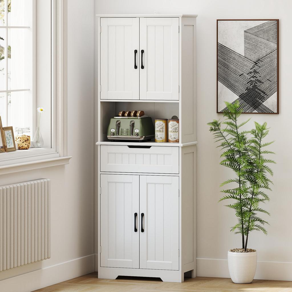 172 Cm Tall Kitchen Pantry Cupboard W/ Small Open Counter, Freestanding Kitchen Cabinet W/ 2 Adjustable Shelves, White