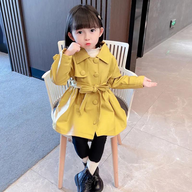 

Корейский стиль, весенне-осенняя детская кожаная куртка с лацканами, длинный плащ для девочек 110 жёлтый