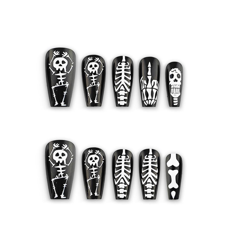 Black & White Hand-Painted Skull Bones Wearable Armor Long Ballet False Nails