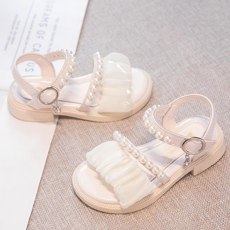 Girls Princess Sandals with Pearls Children Leather Sandals for Party Wedding Fashion Kids Performance Shoes Anti-Slippery